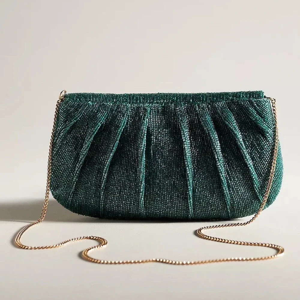 Maeve‎ Anthropologie Green Beaded Bow Clutch Chain Strap NWOT